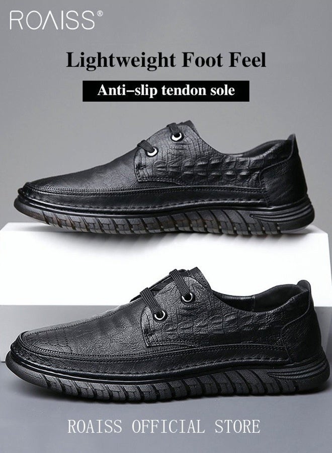 رويس حذاء رجالي كاجوال متين وجيد التهوية مصنوع من الجلد بنقشة جلد التمساح ونعل ناعم مقاوم للانزلاق وتصميم برباط حذاء مسطح متعدد الاستخدامات ومريح باللون الأسود للرجال - Image 3