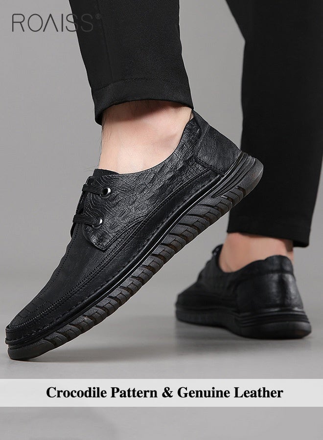 رويس حذاء رجالي كاجوال متين وجيد التهوية مصنوع من الجلد بنقشة جلد التمساح ونعل ناعم مقاوم للانزلاق وتصميم برباط حذاء مسطح متعدد الاستخدامات ومريح باللون الأسود للرجال - Image 2