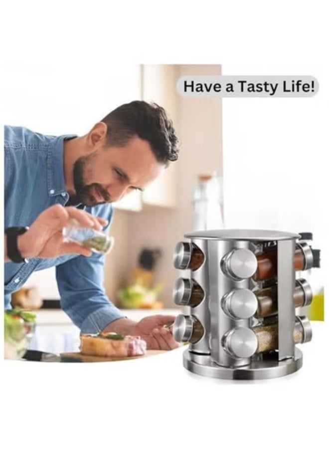 TIGER 12-Piece Glass Spice Jar Set with Rotating Stainless Steel Rack – Includes 120ml Airtight Round Glass Jars for Spices, Herbs & Seasonings – Space-Saving, Durable Kitchen Organizer with Stylish Design – Perfect for Home & Professional Use  - Image 3