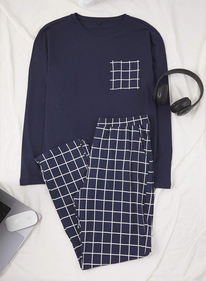 trendyol Navy Blue Regular Checked Knitted Long Sleeve Pajama Set - Image 1