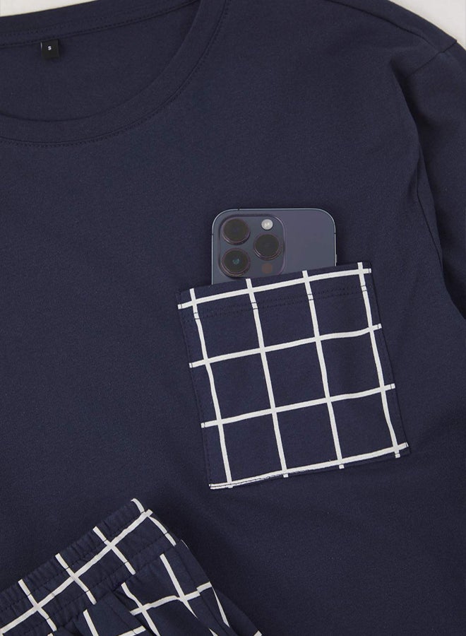 trendyol Navy Blue Regular Checked Knitted Long Sleeve Pajama Set - Image 3