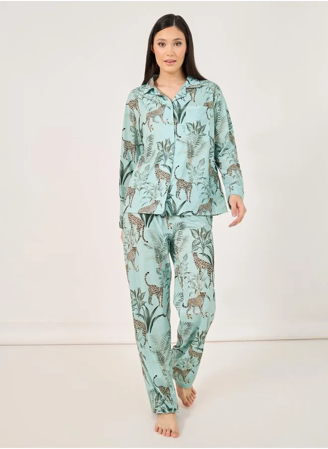 Styli Styli Tiger Print Button Placket Shirt and Pyjama Set