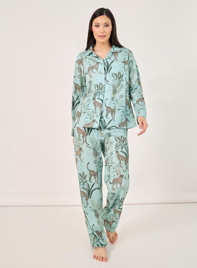 Styli Styli Tiger Print Button Placket Shirt and Pyjama Set  - Image 1