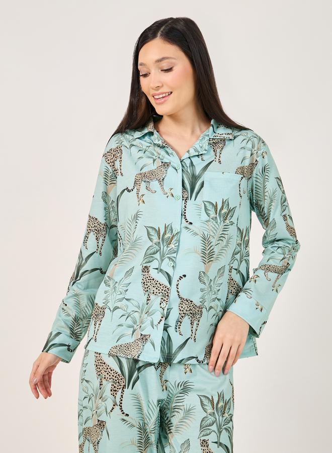 Styli Styli Tiger Print Button Placket Shirt and Pyjama Set  - Image 3