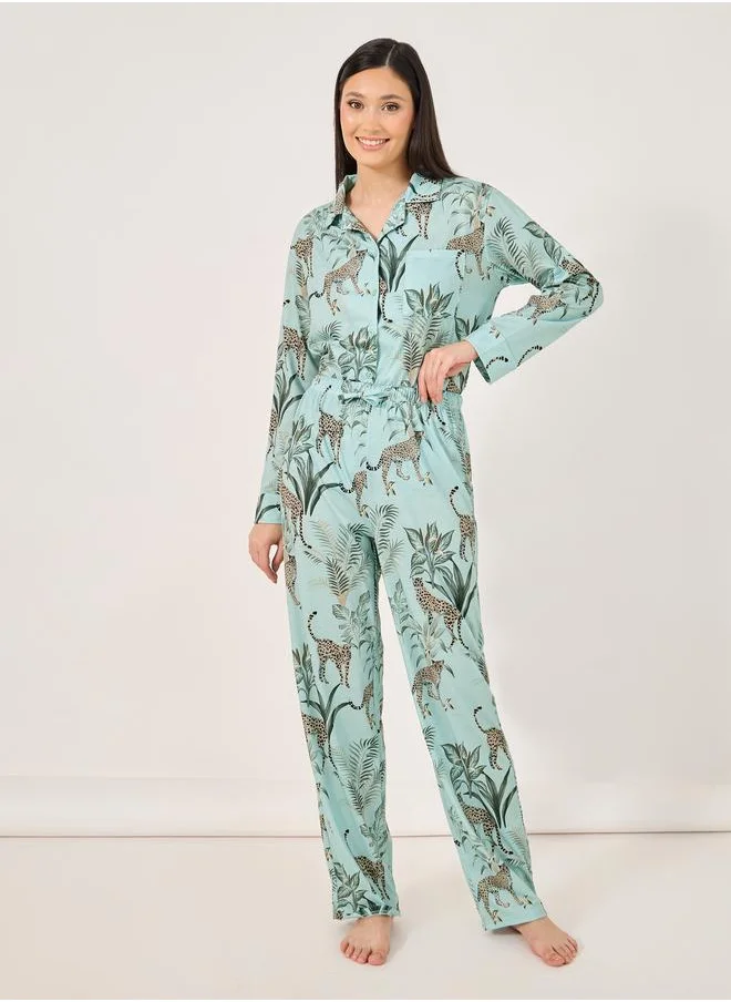 Styli Styli Tiger Print Button Placket Shirt and Pyjama Set