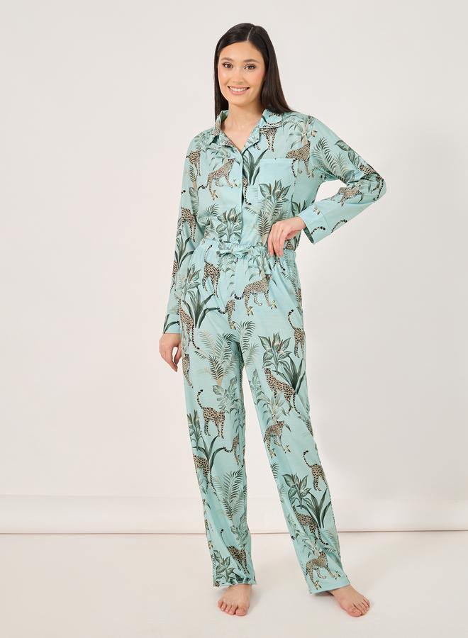Styli Styli Tiger Print Button Placket Shirt and Pyjama Set  - Image 2