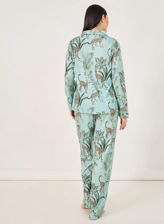 Styli Styli Tiger Print Button Placket Shirt and Pyjama Set