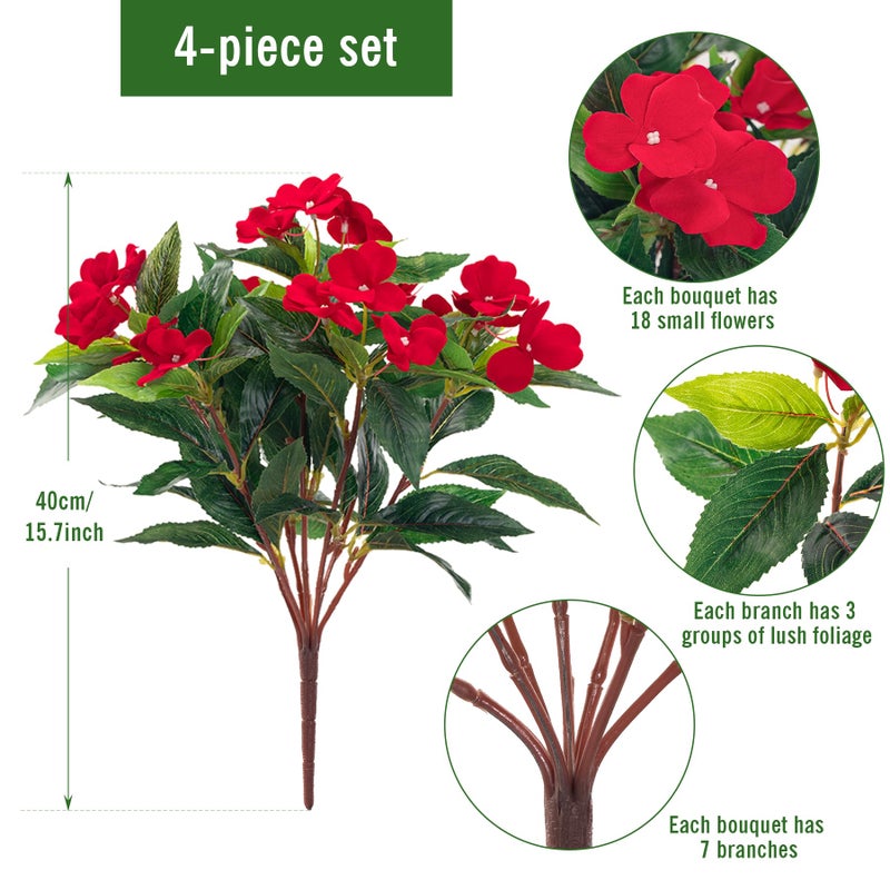 Uqueeten Fake Flowers Artificial Flowers for Outdoorï¼ŒArtificial Impatiens Bouquet Flowers for Outdoorsï¼ŒSpring Flowers Artificial Impatiens Outdoor Silk Fake Flowers Indoor Decor 4PCS (Red) - Image 2