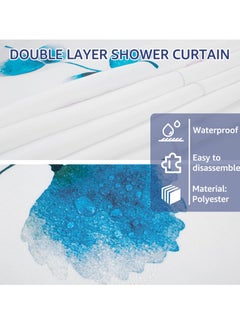 Excefore No Hook Shower Curtain with Snap-in Liner, Decorative Floral Double Layer Waterproof Bathroom Curtain, Hotel Style (Cyan)  - Image 2