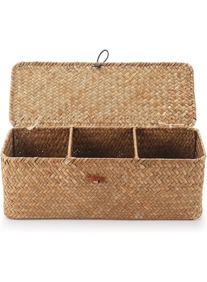 Arabest Seagrass Storage Basket with Lid Rectangular Small Woven Shelf Baskets with Sections for Organize Snack Toys Tampon - Image 1