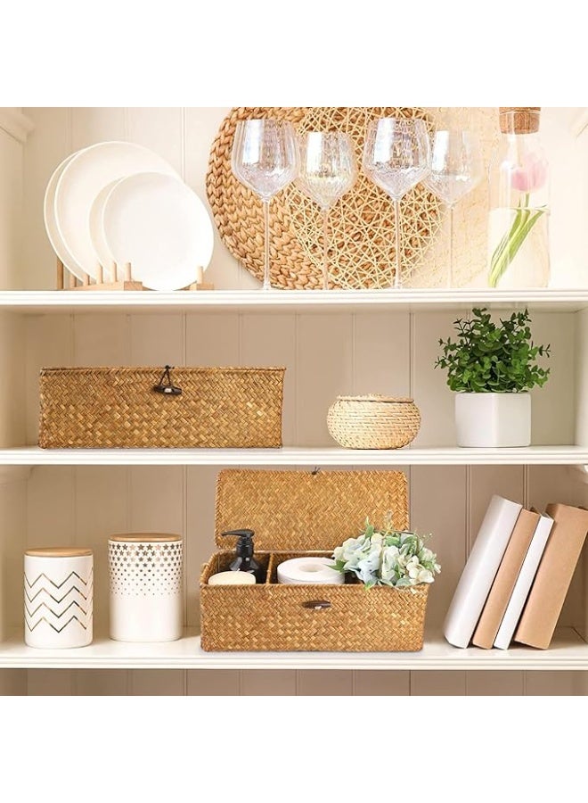 Arabest Seagrass Storage Basket with Lid Rectangular Small Woven Shelf Baskets with Sections for Organize Snack Toys Tampon - Image 5