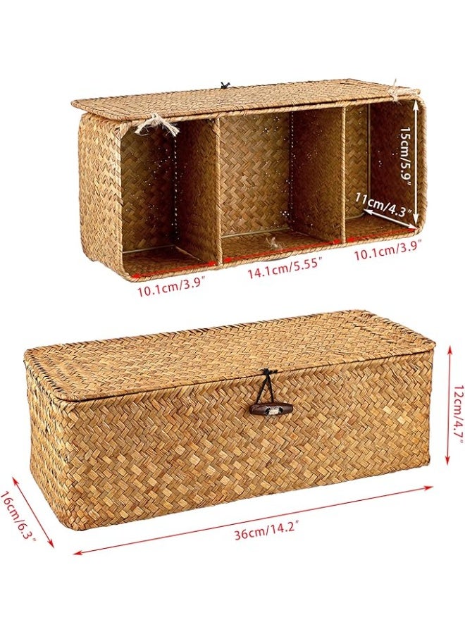 Arabest Seagrass Storage Basket with Lid Rectangular Small Woven Shelf Baskets with Sections for Organize Snack Toys Tampon - Image 4