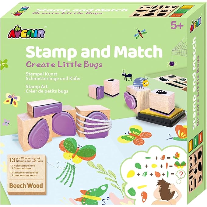 Avenir Stamp and Match - Create Little Bugs | Craft Imaginative Bugs with 15 Wooden Stamps, Spark Imagination & Cognitive Development | Exciting Craft Kit for Kids 3+