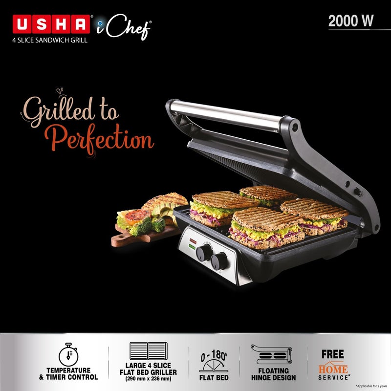 Usha iChef Sandwich Grill 2000 Watt Large 4 Slice Flat Bread Griller 0180 Flat Bed Temperature and Timer Control Auto Shutoff after PreSet time 2 Years Warranty Stainless steel - Image 2