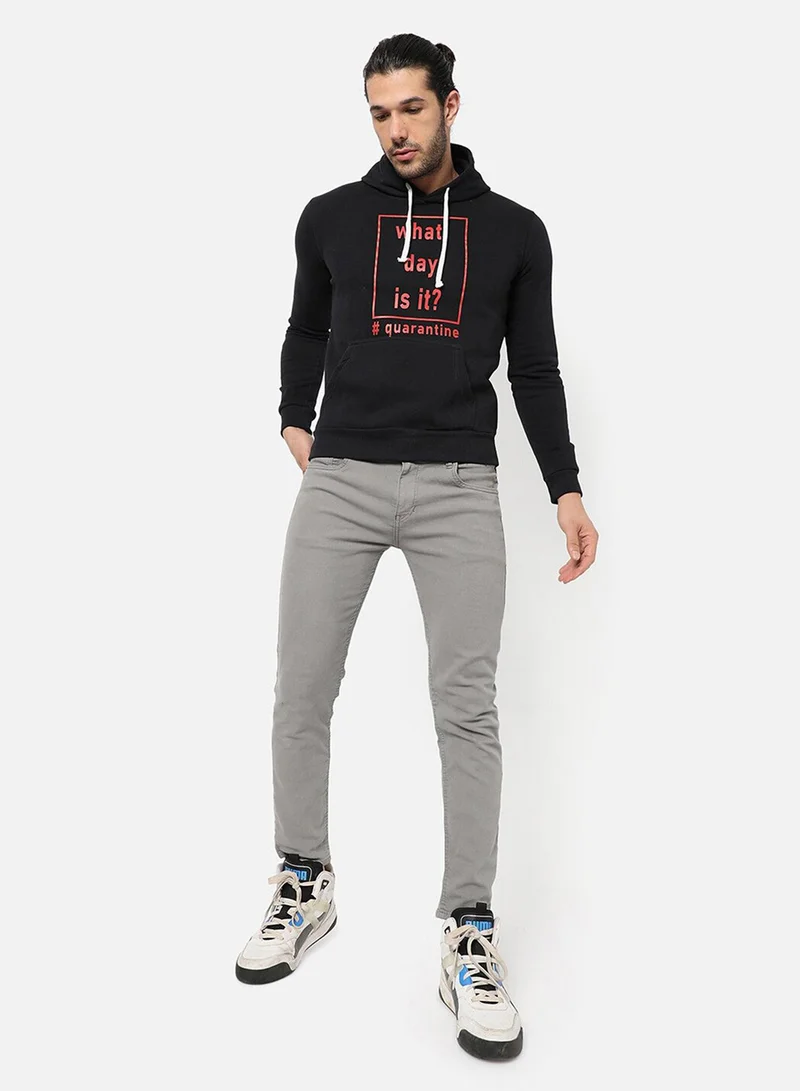 Campus Sutra Men's Onyx Black What-Day-Is-It Print Pullover Hoodie