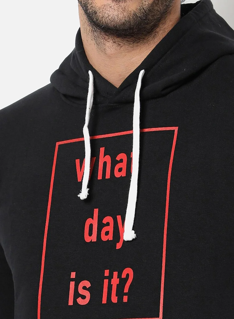Campus Sutra Men's Onyx Black What-Day-Is-It Print Pullover Hoodie