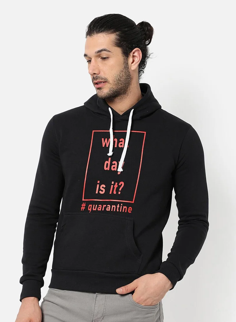 Campus Sutra Men's Onyx Black What-Day-Is-It Print Pullover Hoodie