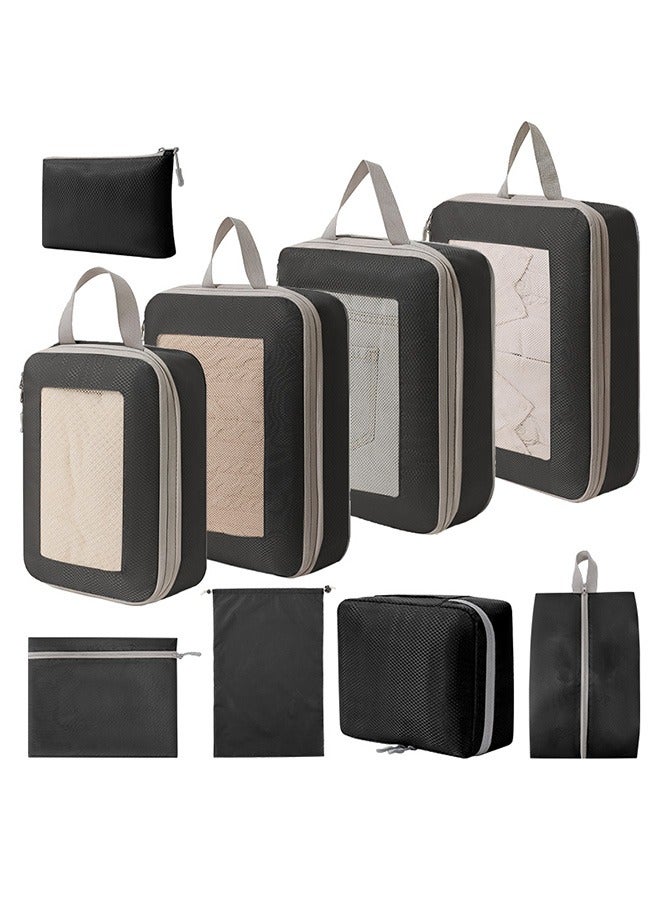 9 Set Compression Packing Cubes for Travel,Lightweight Vacation Travel Essentials，Travel Accessories for Suitcase Organizer Bags Set ， Compressible Expandable Travel Packing Organizer with Double Zipper, Travel Essentials for Carry on Luggage，Durable Luggage Organizer Travel Bags，Black - Image 1