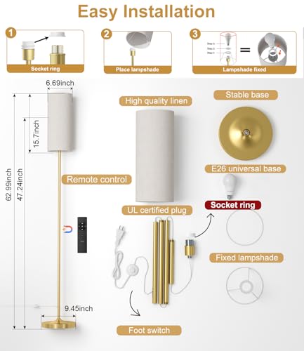 luckystyle LED Floor Lamp for Living Room, Dimmable Standing Lamps with Foot Switch,Remote Custom Color Temperature Gold Pole Lamp with Lampshade,12W Led Bulb Tall Lamps for Bedroom Office Kid Room - Image 4