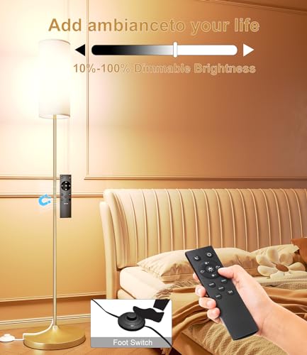 luckystyle LED Floor Lamp for Living Room, Dimmable Standing Lamps with Foot Switch,Remote Custom Color Temperature Gold Pole Lamp with Lampshade,12W Led Bulb Tall Lamps for Bedroom Office Kid Room - Image 2