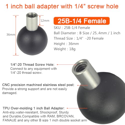 DEKEENSTAR Universal 1 Inch Ball Adapter with 1/4'-20 Female Thread Hole, B Size 1" Ball, Compatible with RAM Mounts, Black, Stainless Steel & TPU Frame, Handlebar Mount - Image 5