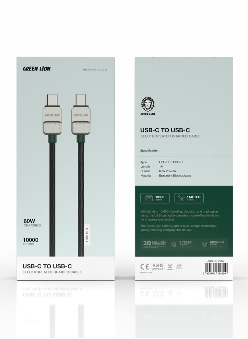 GREEN LION USB-C to USB-C Cable Electroplated and Braided 1m 60W / 480Mbps  Transfer Speed /  Wide Compatibility / Secure & Safe Cord / Charge & Sync - Black/Dark Green 