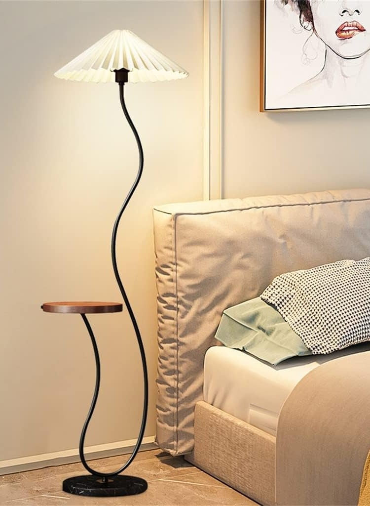 DubaiGallery Nordic Atmosphere Floor Lamp Standing Floor Light with Wood Table Brightness Control Lampshade Floor Lamps Side Table for Living Room Bedroom 26x155 Centimeter - Image 1