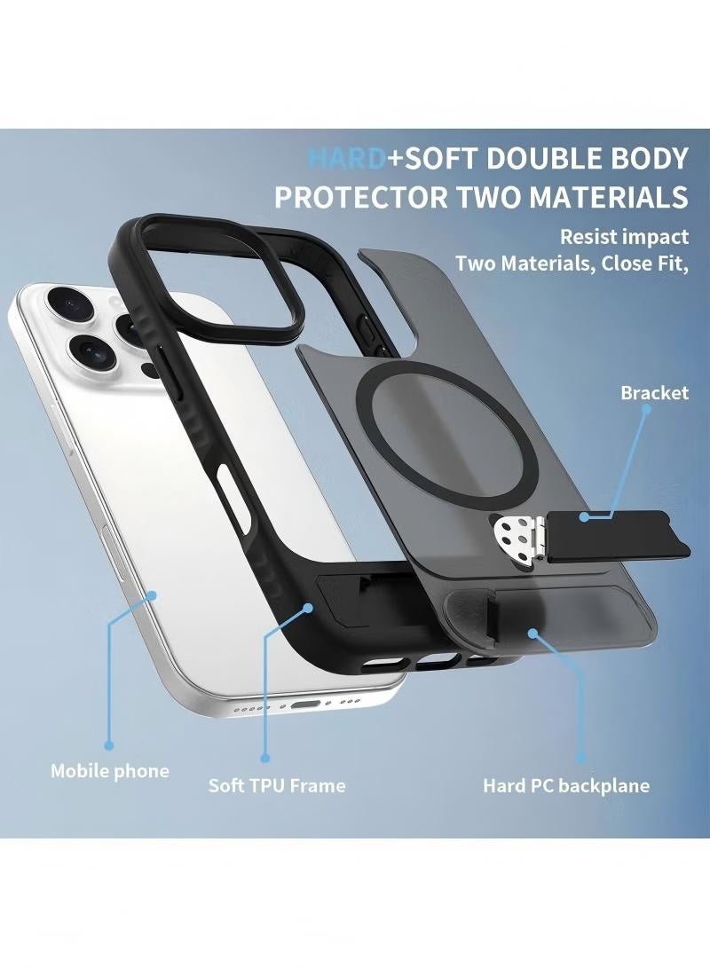جراب iPhone 16 Pro Max مع مسند مغناطيسي - غطاء رفيع غير لامع وشفاف متوافق مع MagSafe - مسند مدمج غير مرئي للمشاهدة بدون استخدام اليدين - حماية مقاومة للصدمات (أسود) - Image 5