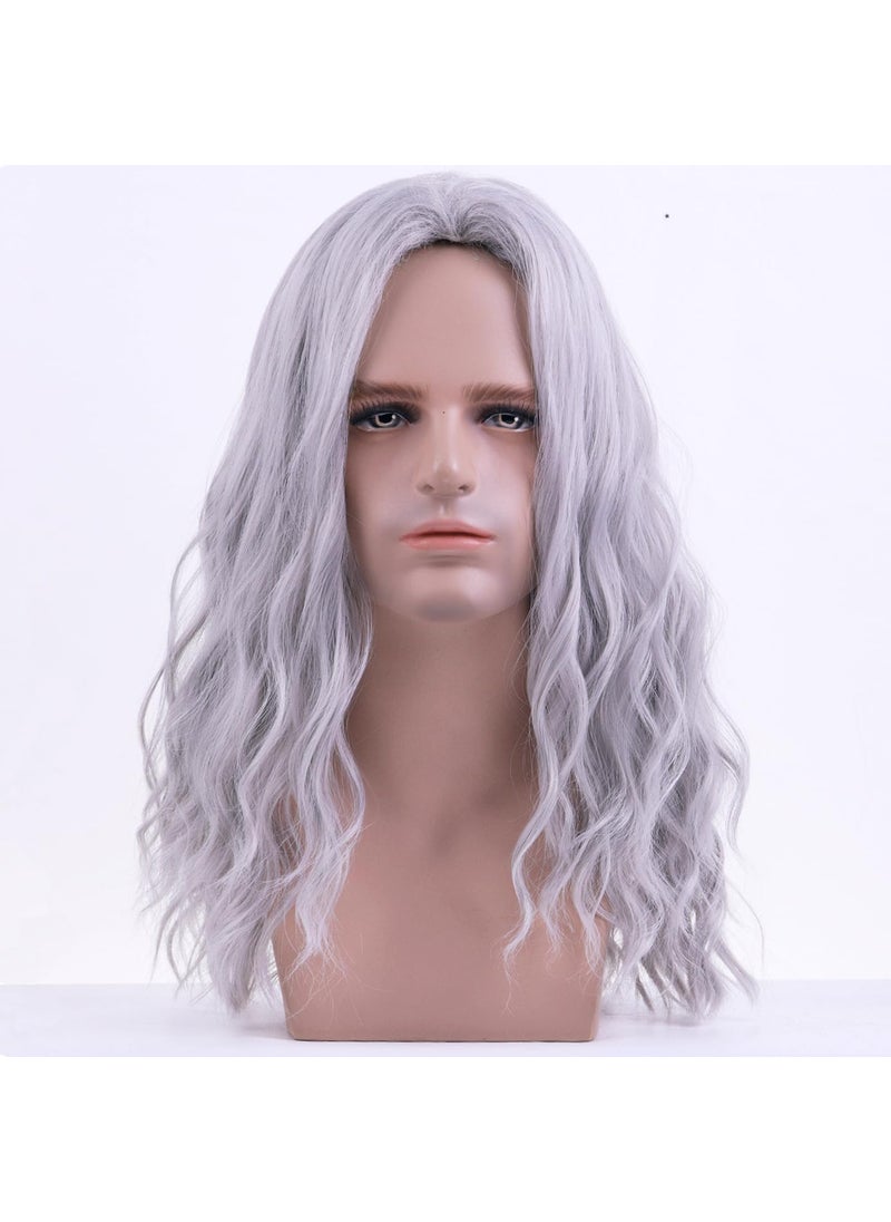 BERON BERON Mens Silver Grey Long Wigs With Halloween Cosplay Costume Party Wig Curly Middle Part Hair Wigs 