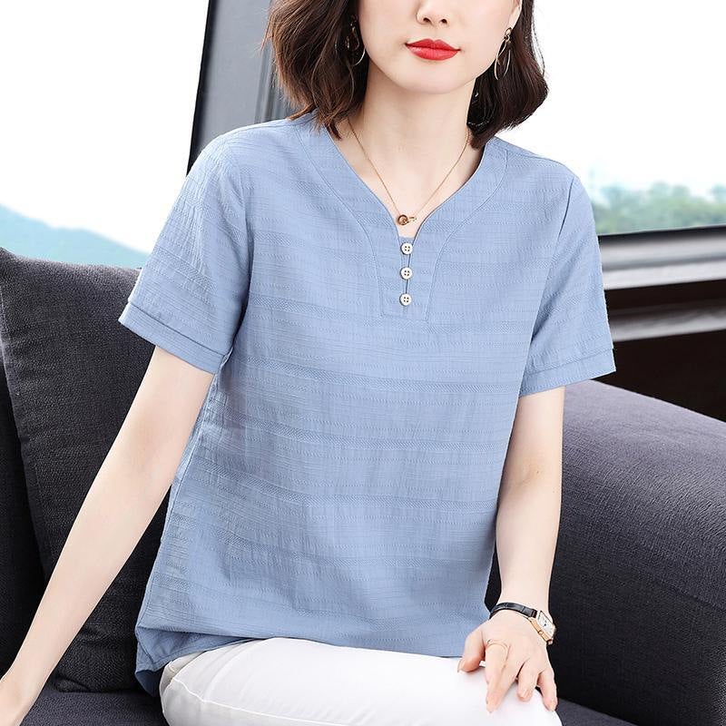 Cotton Short-Sleeved T-Shirt 2024 Summer Women'S New Plus Size Loose Fashion Korean Elegant Solid Color Short-Sleeved T-Shirt - Image 4