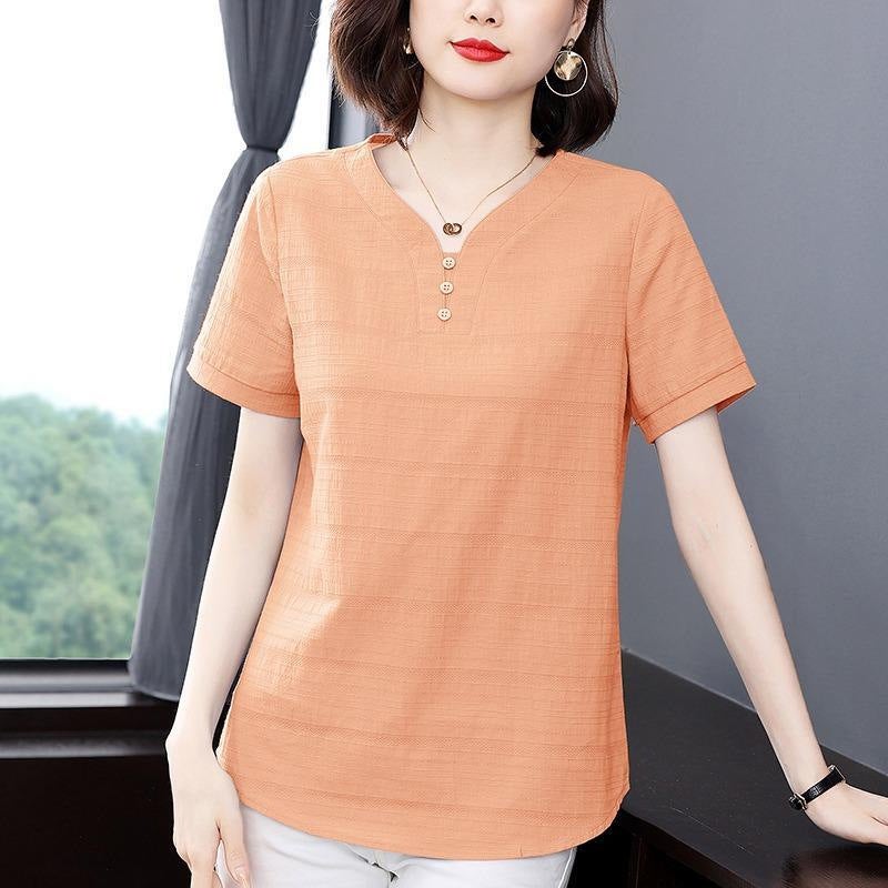 Cotton Short-Sleeved T-Shirt 2024 Summer Women'S New Plus Size Loose Fashion Korean Elegant Solid Color Short-Sleeved T-Shirt - Image 3