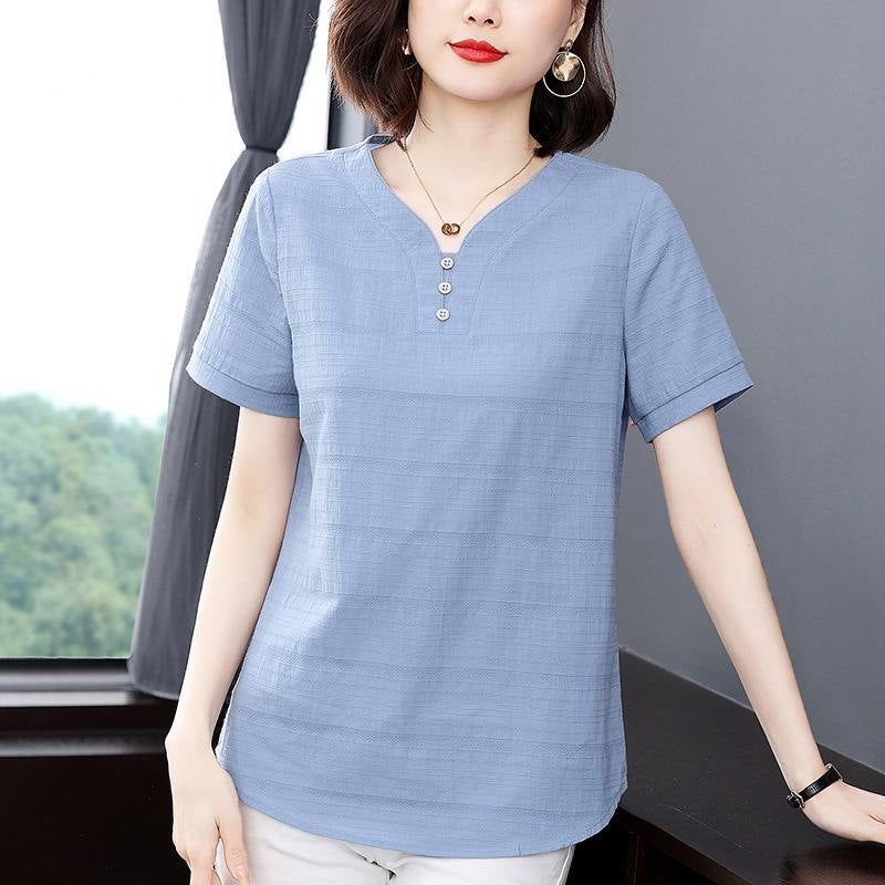 Cotton Short-Sleeved T-Shirt 2024 Summer Women'S New Plus Size Loose Fashion Korean Elegant Solid Color Short-Sleeved T-Shirt - Image 2