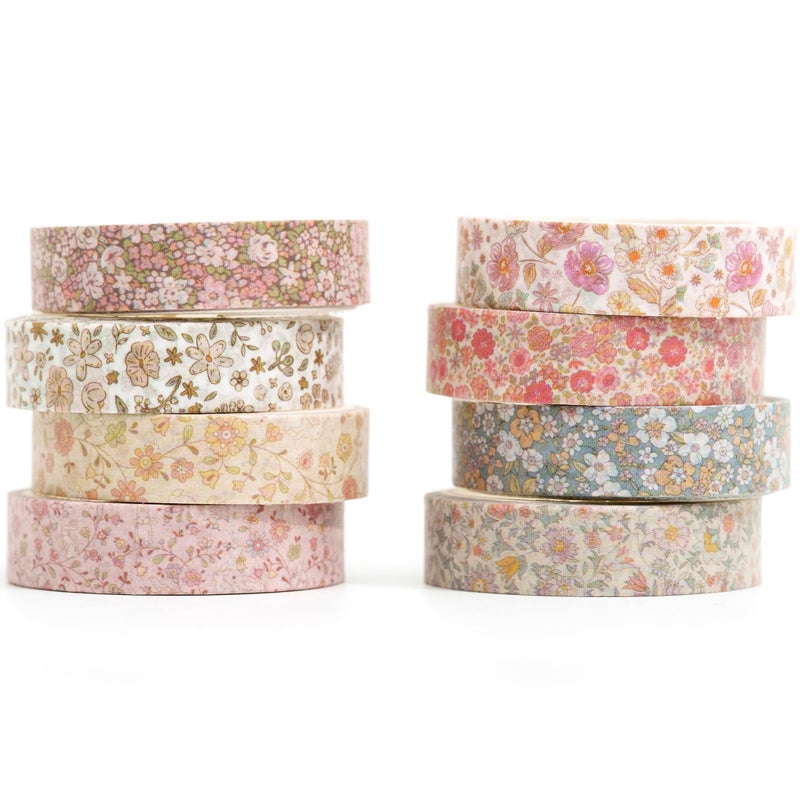 YUBX Vintage Washi Tape Set 8 Rolls Thin Retro Decorative Antique Patterns Masking Tapes for Arts, DIY Crafts, Journals, Planners, Scrapbook, Wrapping (Little Flowers) - Image 1