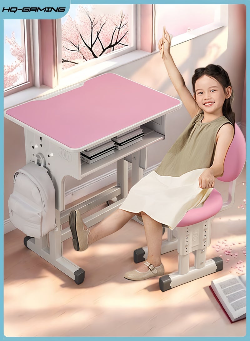 HQ-GAMING Kids Desk Chair Set, Kids Adjustable Height Desk, Children's Study Desk with Drawer,  Ergonomic Desk Chair Set with Backpack Hook, Perfect for Study, Home, School for Boys, Girls (Pink) - Image 1