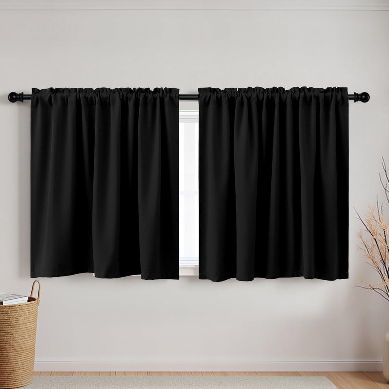 KOUFALL Short Curtains 30 Inches Long for Bathroom Set of 2 Panels Cafe Tier Curtain Blackout Room Darkening Rod Pocket Black Curtains 30 Inch Length for Small Windows Kitchen 52x30 - Image 1