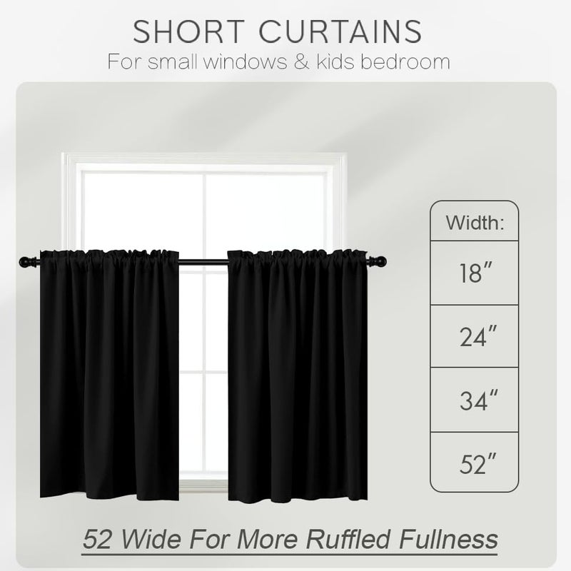 KOUFALL Short Curtains 30 Inches Long for Bathroom Set of 2 Panels Cafe Tier Curtain Blackout Room Darkening Rod Pocket Black Curtains 30 Inch Length for Small Windows Kitchen 52x30 - Image 2