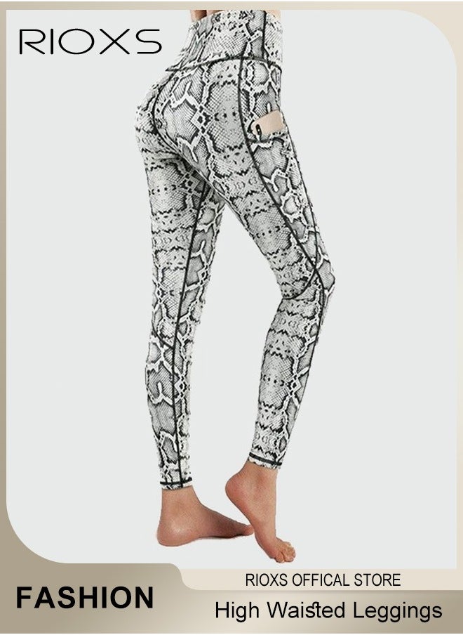 RIOXS - Women's High Waisted Leggings,Exercise Yoga Pants With Side Pockets,Printed Skinny Yoga Pants,Stretchy Leggings Lifting Pants For Women Ladies Running Workout Pamela - Image 1