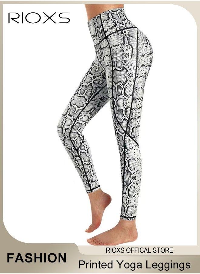 RIOXS - Women's High Waisted Leggings,Exercise Yoga Pants With Side Pockets,Printed Skinny Yoga Pants,Stretchy Leggings Lifting Pants For Women Ladies Running Workout Pamela - Image 1