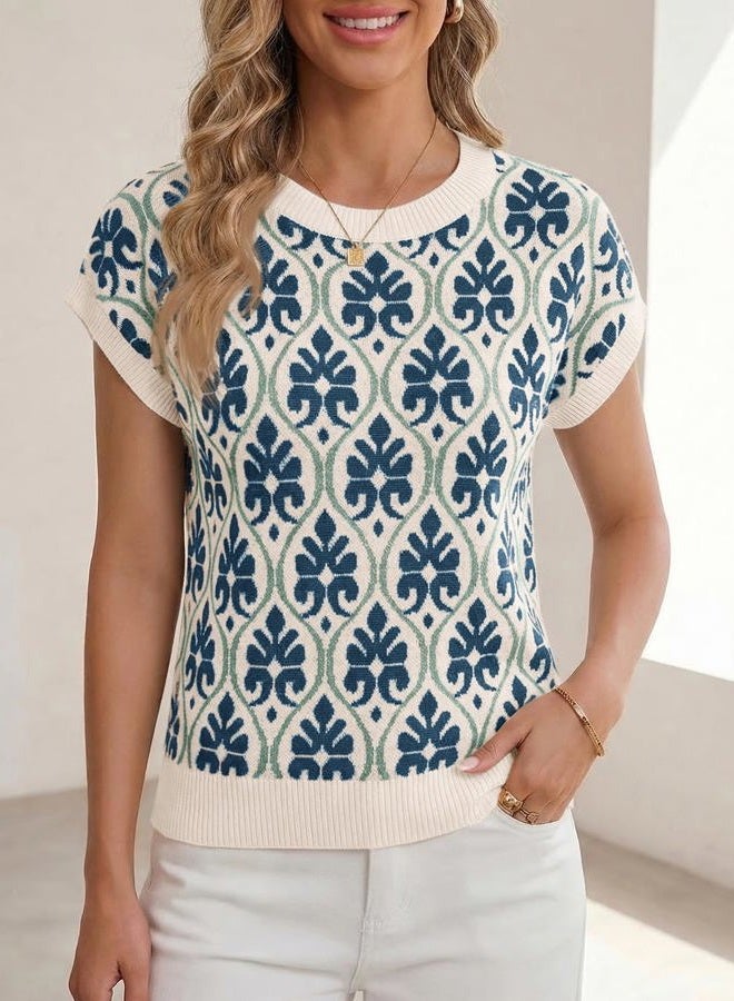 Cicy Bell Floral Cap Sleeve Sweater Tops for Women Crew Neck Spring Summer Pullover Dressy Casual Knit Shirts, Navy, S - Image 2
