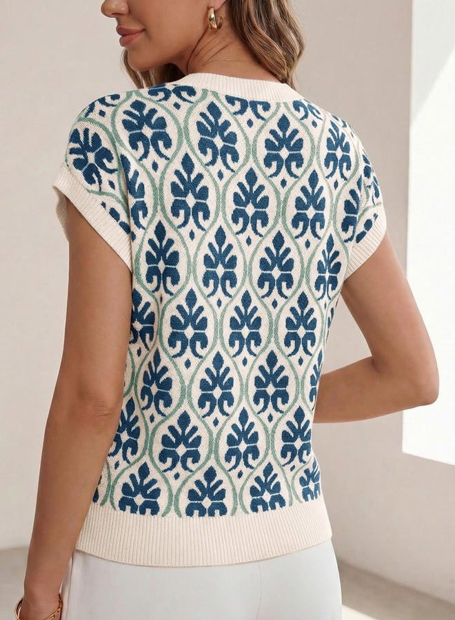 Cicy Bell Floral Cap Sleeve Sweater Tops for Women Crew Neck Spring Summer Pullover Dressy Casual Knit Shirts, Navy, S - Image 3