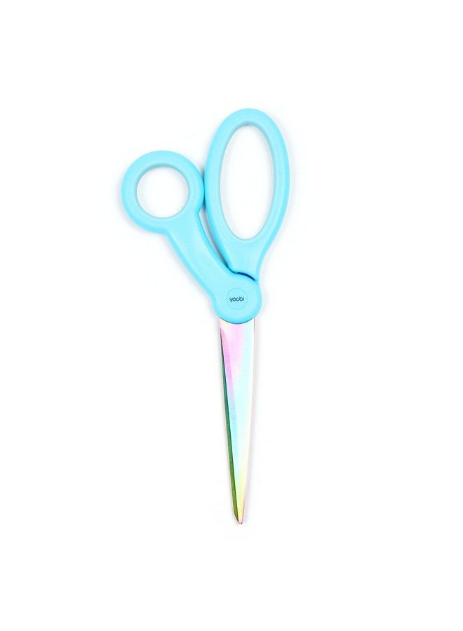 Yoobi Scissors Comfort Grip 8" Scissors All Purpose Straight Stainless Steel Blade School And Office Supplies Light Blue Handle And Blue Oil Slick Design - Image 1