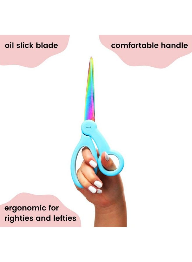 Yoobi Scissors Comfort Grip 8" Scissors All Purpose Straight Stainless Steel Blade School And Office Supplies Light Blue Handle And Blue Oil Slick Design - Image 3