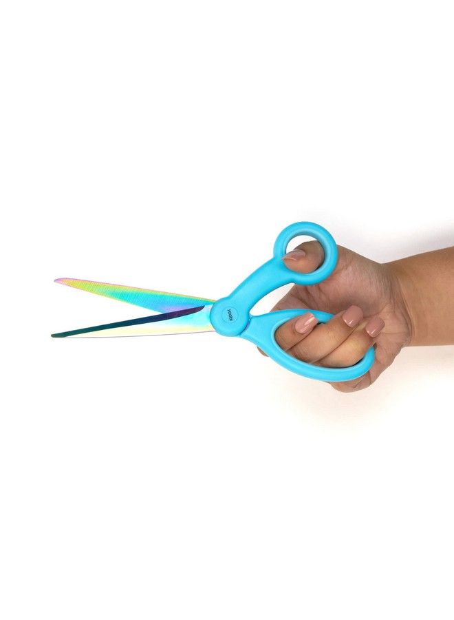 Yoobi Scissors Comfort Grip 8" Scissors All Purpose Straight Stainless Steel Blade School And Office Supplies Light Blue Handle And Blue Oil Slick Design - Image 5