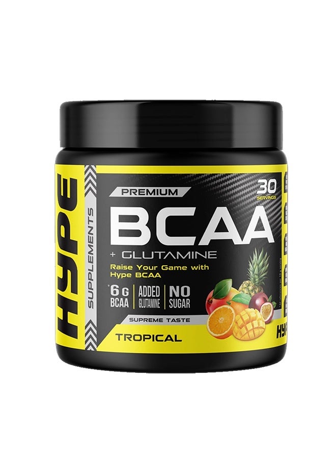 هايب بي سي إيه إيه + جلوتامين | ٣٠٠ غرام | نكهة الفواكه الاستوائية، ٦ غرام BCAA بنسبة ٢:١:١ مع جلوتامين مضاف - Image 1