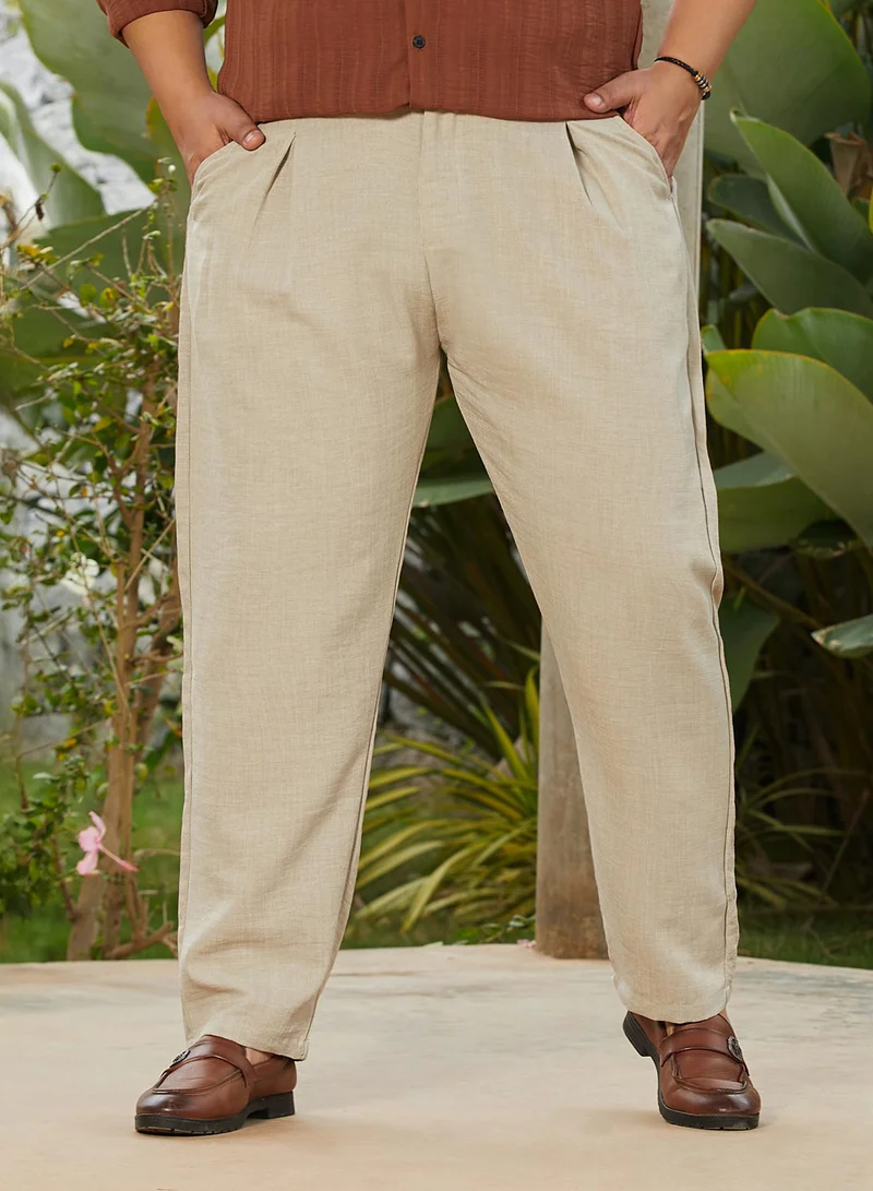 Instafab Plus Instafab Plus Men's Sand Beige Pleated Tailored Trousers For Casual Wear | Mid-Rise | Regular Fit | Button Closure | Plus Size Trousers Crafted With Comfort Fit For Everyday Wear
