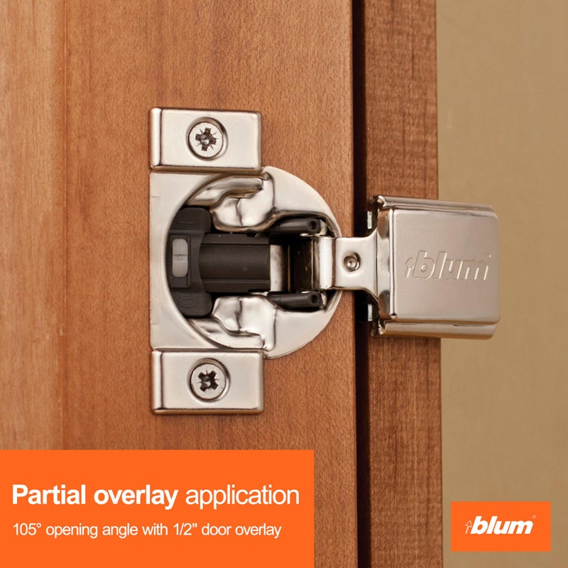 Blum Compact BLUMOTION Hinge (10 Kits), 1/2" Overlay, 105Â° Opening Angle, Steel, Integrated Soft-Close Hinges for Face Frame Cabinets - Image 2
