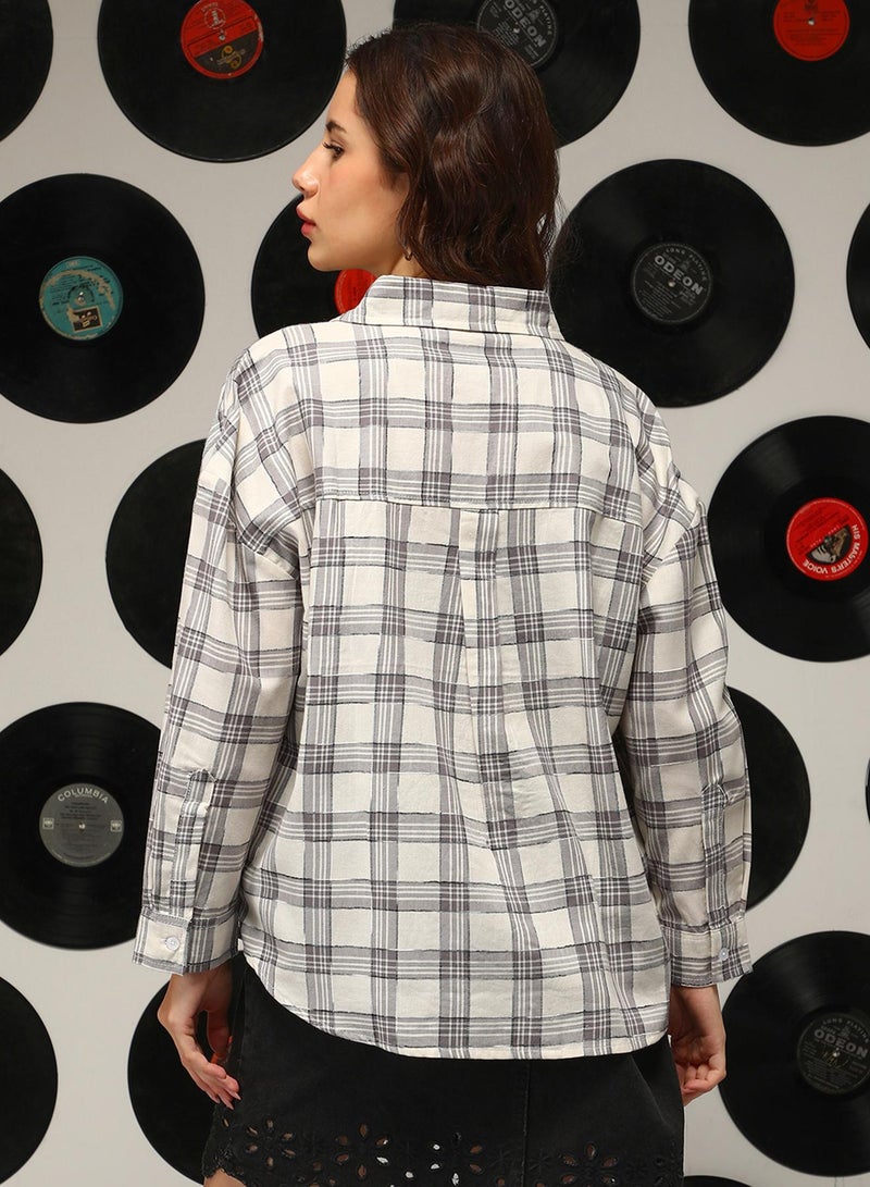 Campus Sutra Women's Cloud Grey:Off-White Shephard-Check Oversized Shirt  - Image 5