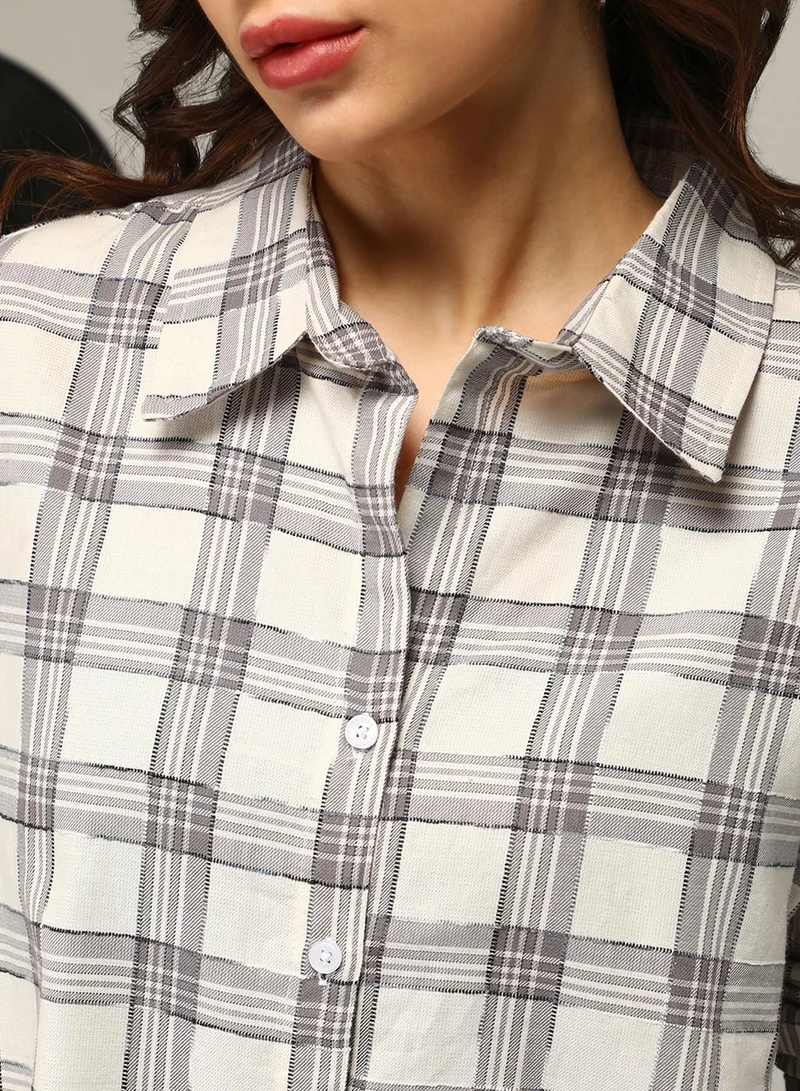 Campus Sutra Women's Cloud Grey:Off-White Shephard-Check Oversized Shirt