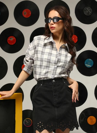 Campus Sutra Women's Cloud Grey:Off-White Shephard-Check Oversized Shirt