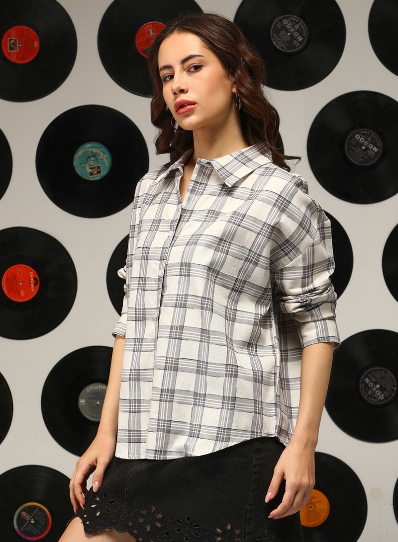 Campus Sutra Women's Cloud Grey:Off-White Shephard-Check Oversized Shirt  - Image 3